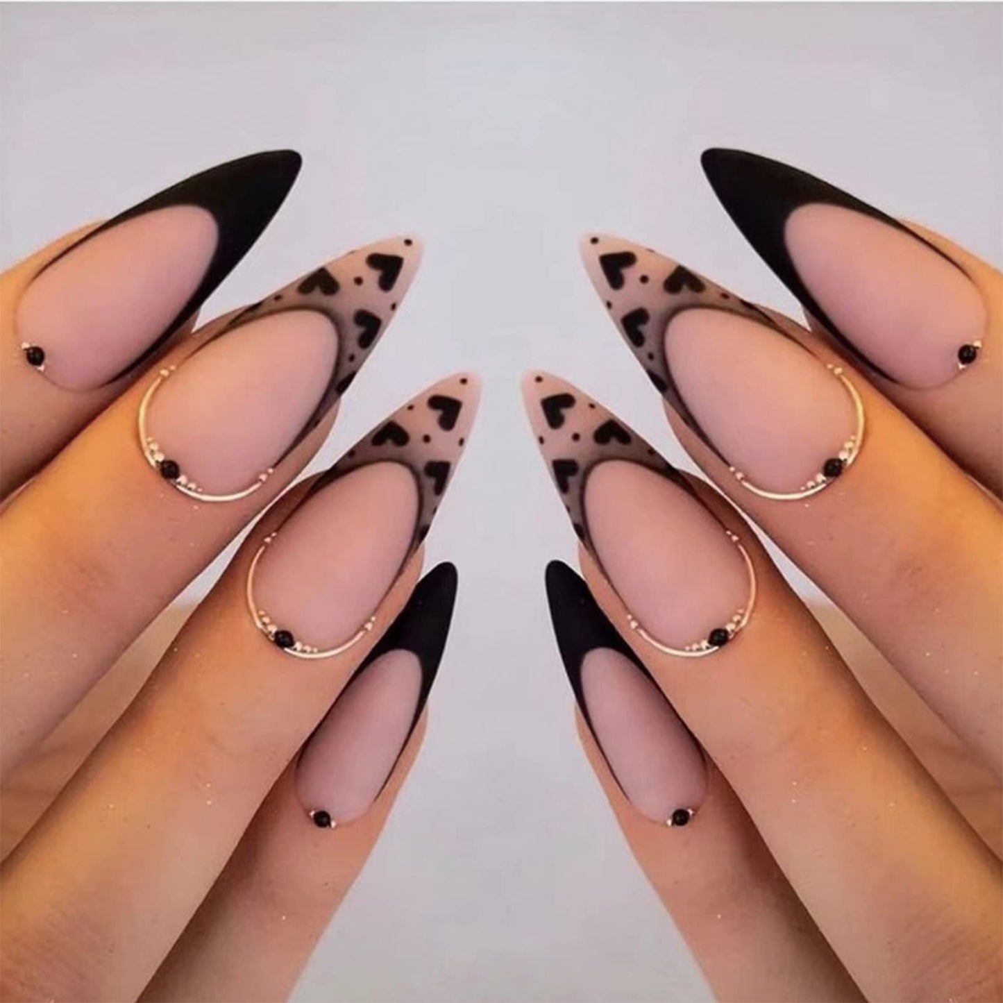 SINHOT French Tip Press on Nails Medium Almond Fake Nails Glossy False Nails Stiletto Glue on Nail with Design Cute Black Graffiti Full Cover Acrylic Nail (24Pcs,1 Glue)
