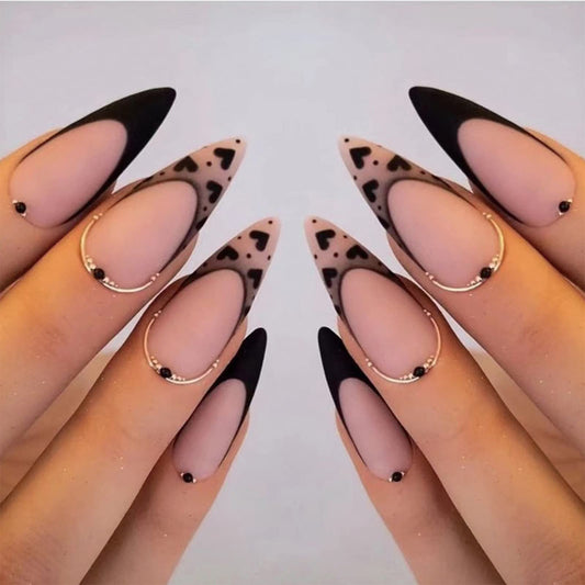 SINHOT French Tip Press on Nails Medium Almond Fake Nails Glossy False Nails Stiletto Glue on Nail with Design Cute Black Graffiti Full Cover Acrylic Nail (24Pcs,1 Glue)