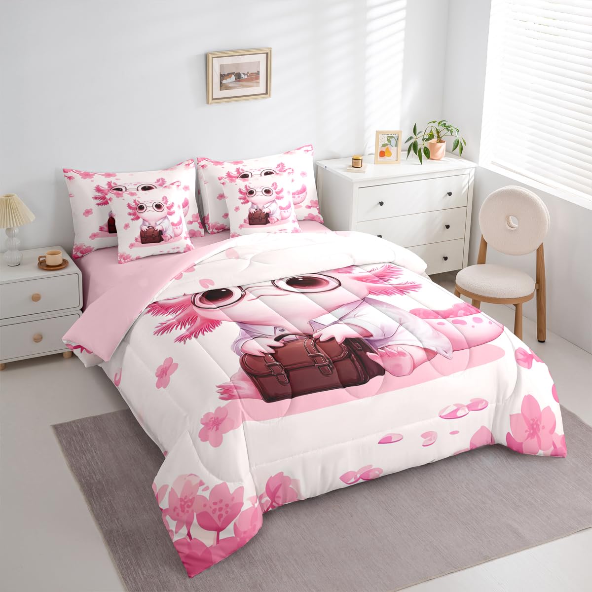Erosebridal Pink Axolotl Comforter Set with Sheets (Queen Size,7 Pieces) | Pink Floral Cherry Blossom Quilt Cartoon Axolotl Bedding Sets Girly Cute Ocean Animal Bed in A Bag with Flat Fitted Sheets