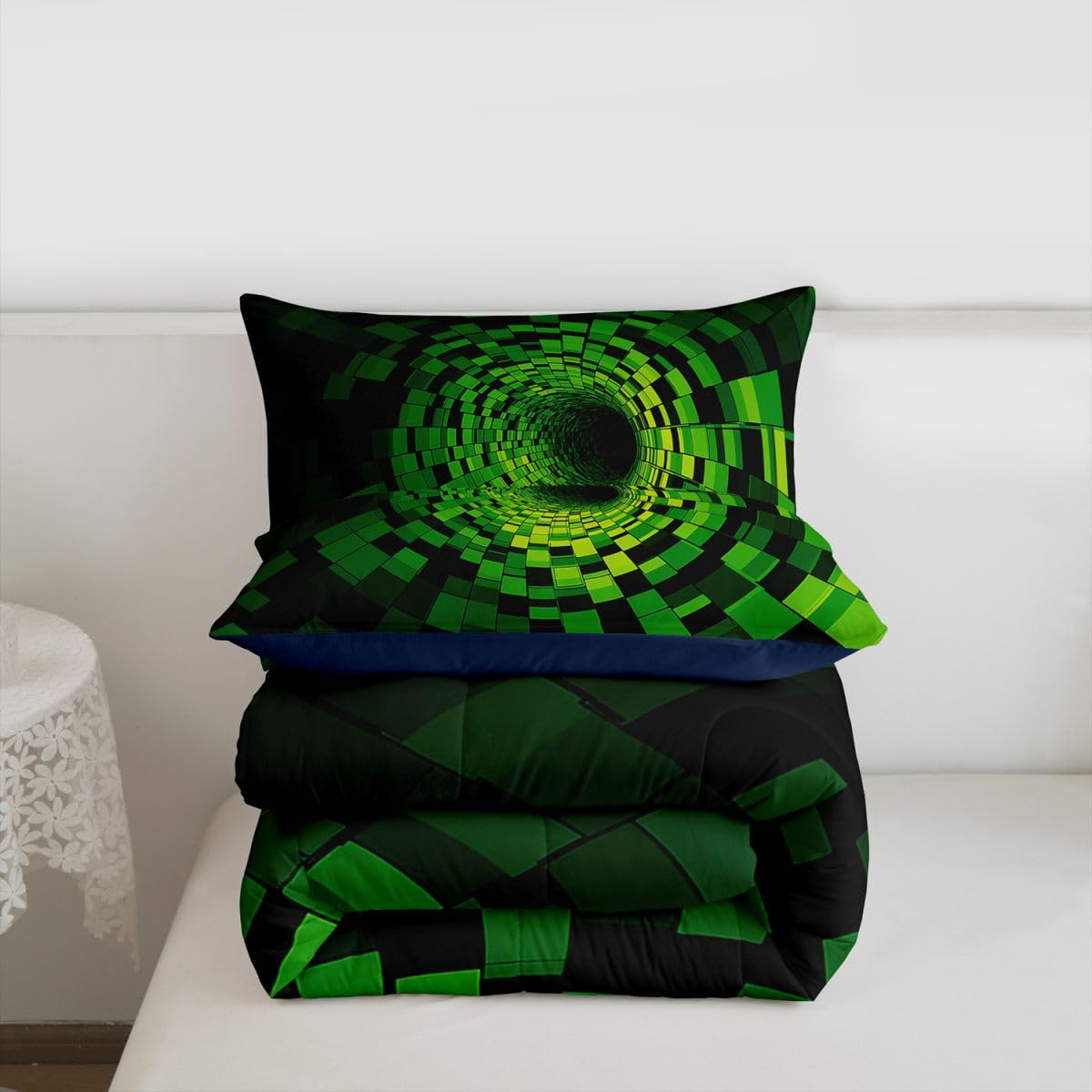 Erosebridal Geometric Bedding Set King Green Plaid Square Print Comforter Set for Kids Boys Girls Modern Grid Circle Swirl Down Comforter,Abstract Modern Quilt Duvet