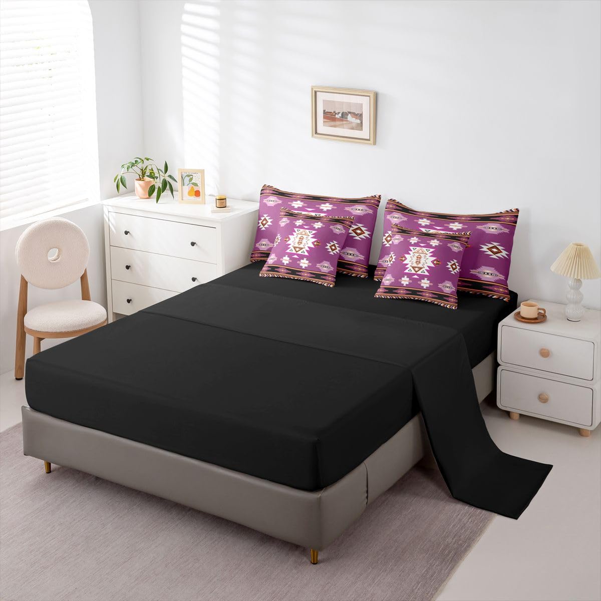 Erosebridal Western Comforter Set 7 Piece Bed in a Bag Twin | Bohemian Decor Geometric Bedding Sets Boho Aztec Comforter and Sheet Set, Ethnic Tribal Arrow Bed Sets,Purple