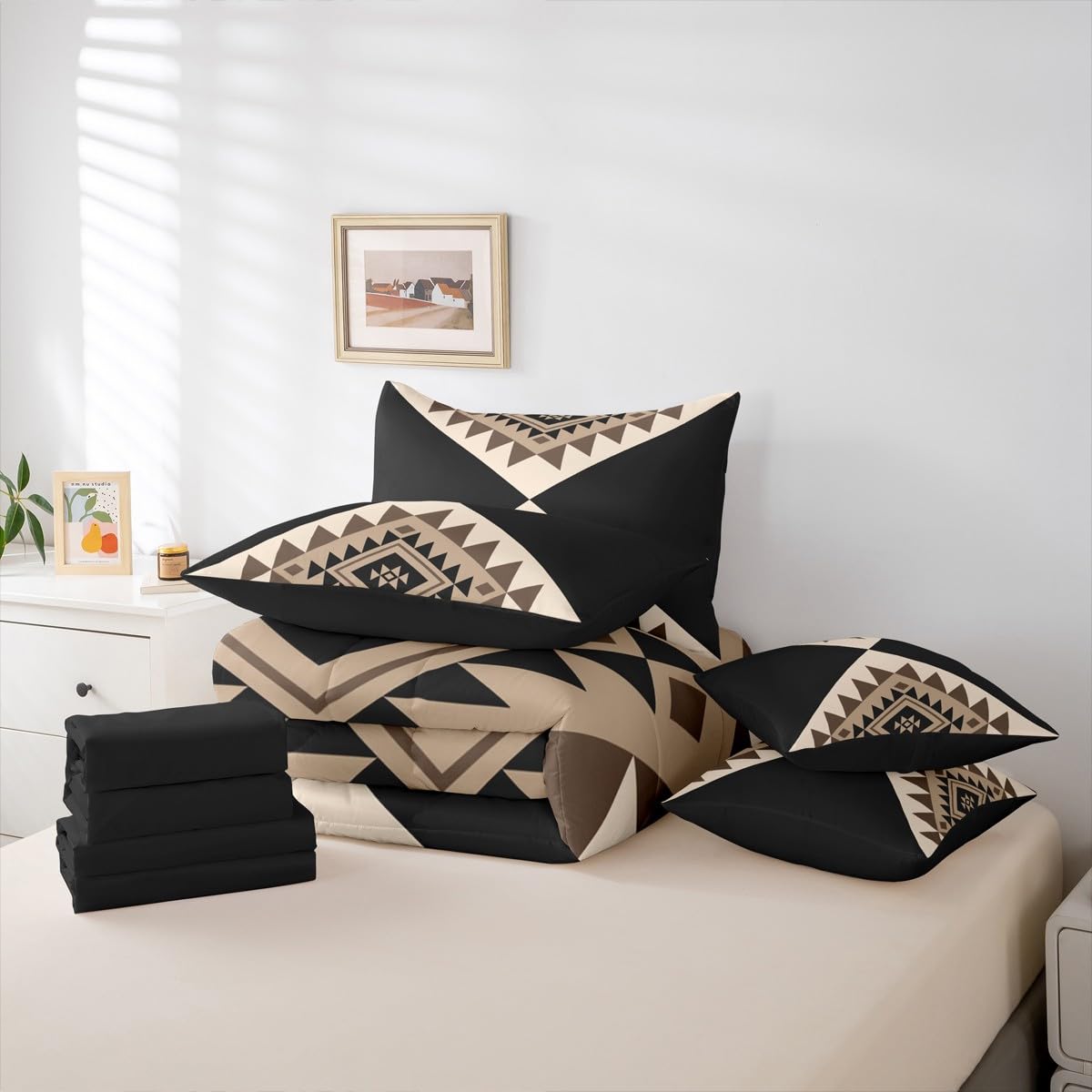Erosebridal Black Beige Abstract King 7-Piece Bedding Set for Adult Women Men Modern Boho Western Aztec Comforter Set Geometric Stripes Bed in a Bag Stylish Art Southwestern Bed Collections