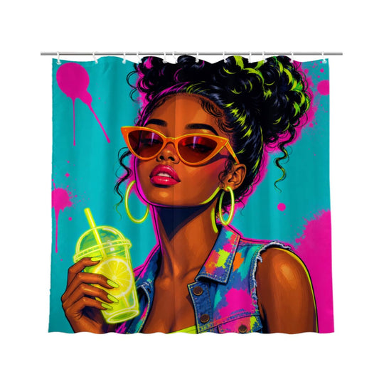 TopPacific Tropical Drink Woman Shower Curtain 72x72 Inch Shower Curtain with 12 Hooks Polyester Woman Sunglasses Tropical Drink Teal Pink Background Bathroom Decor