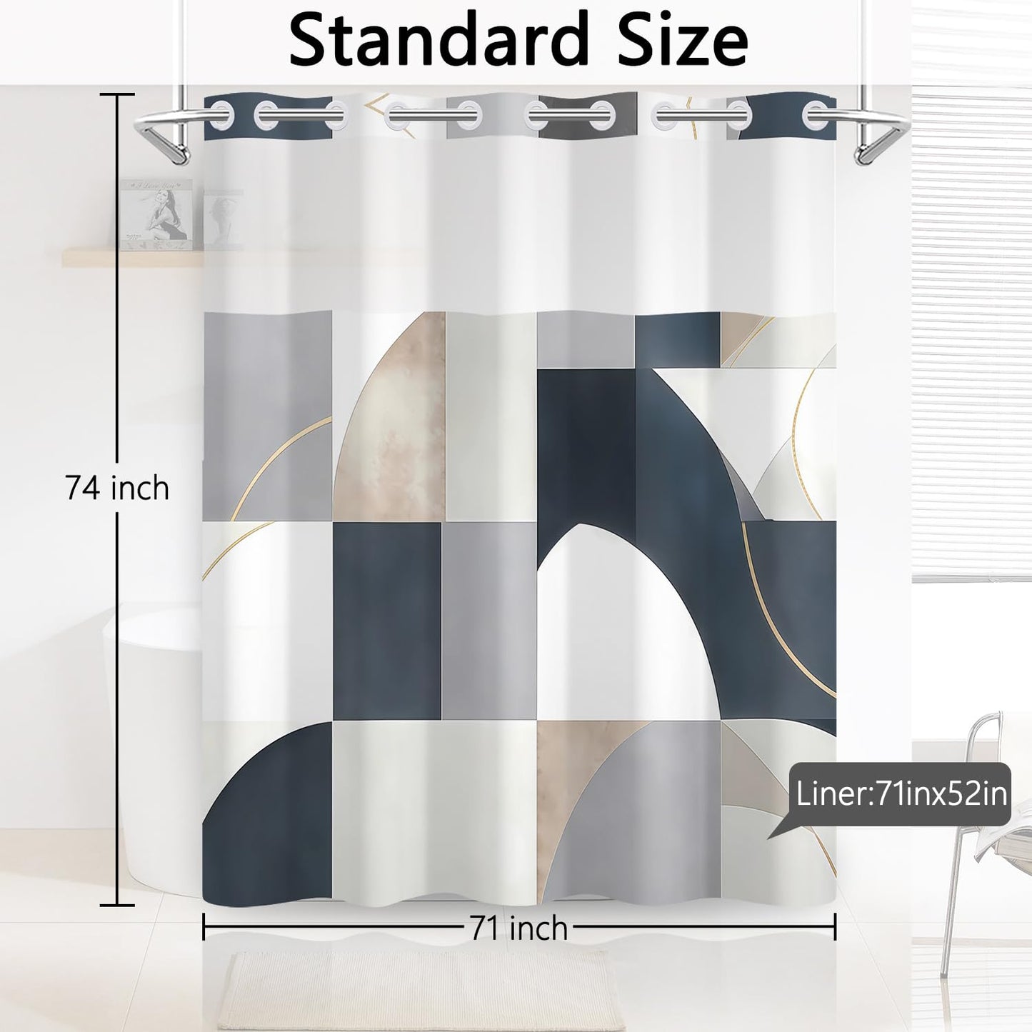 NAEMBCU Geometric Abstract No Hook Shower Curtain with Snap in Liner
