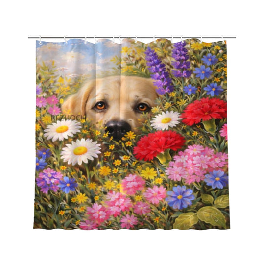 REZHOCH Spring Summer Golden Retriever Floral Shower Curtain Colorful Wildflower Oil Painting Curious Funny Animal Nature Waterproof Fabric Bathroom Decor Curtain 72x72Inch with Hooks