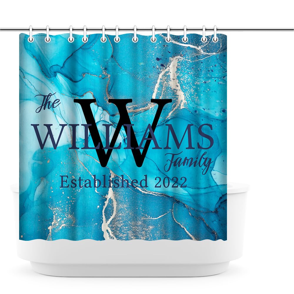 iLOOKLiKE Personalized Family Last Name with Marble Shower Curtain Custom Monogram Abstract Blue Gold Texture Art Bathroom Curtain Set Bathtubs Decor with 12 Hooks Modern Fabric Polyester 72x72inch