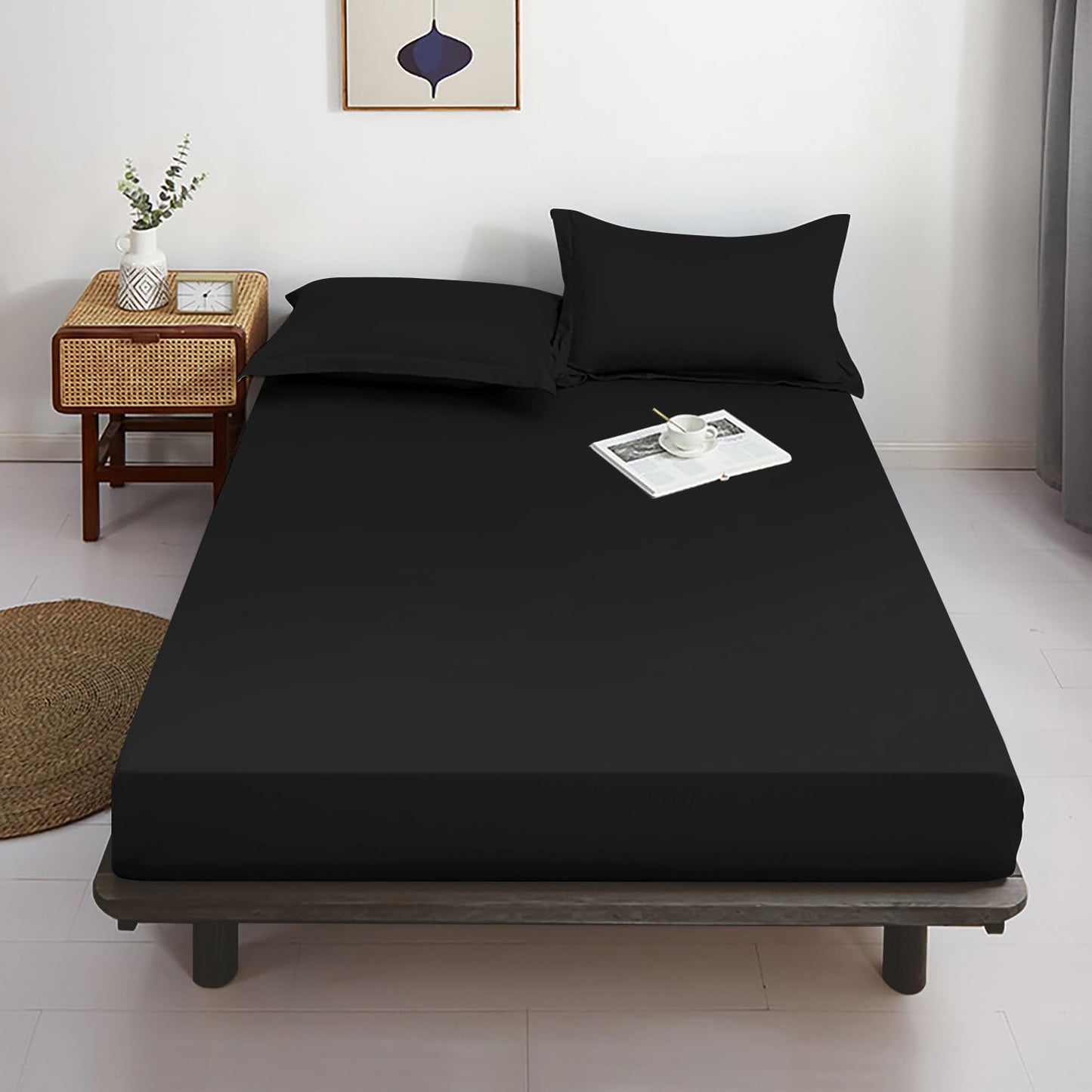 Lirex Cotton Queen Fitted Sheet Only, 300 Thread Count Soft Breathable, 8-10" Deep Pocket Sheet for Hotel Home, Black