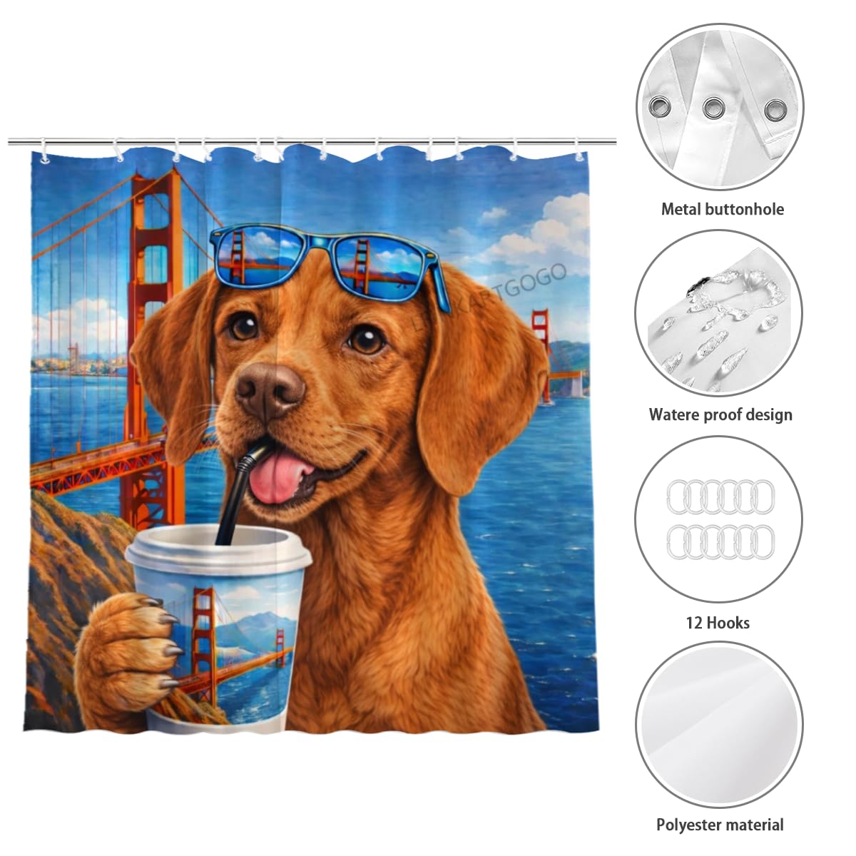 LFINKARTGOGO Golden-Gate-Bridge Vizsla-Dog Shower Curtain 72x72 Inch with 12 Hooks Coastal Cityscape Bathroom Decor Cute Puppy Waterproof Washable Polyester Bath Curtain