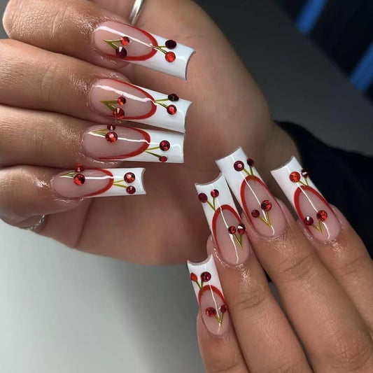 Long Press Square White French Tip Rhinestone False Nails with Cherry Glue for Women's Manicure - Christmas Acrylic, Press-On, Full Cover - 24 Pcs