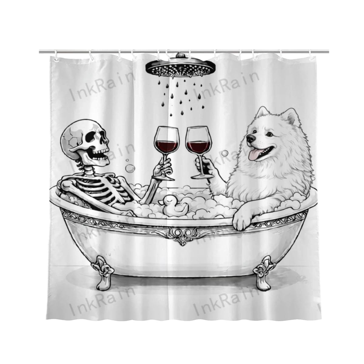 InkRain Gothic Skeleton and Samoyed Shower Curtain Funny Bathtub Wine Art Bathroom Decor Waterproof 72x72 Inch with 12 Hooks Halloween Farmhouse Bath Curtain