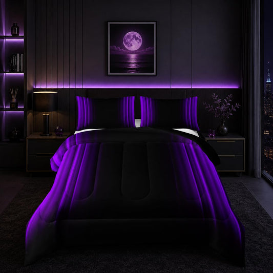 Purple and Black Bedding Set King Size Abstract Ombre Comforter Set for Teen Boys, Mordern Bedding Set 3 Piece in A Bag,Dark Quilt Set Mordern Art Decor Lightweight All Seasons with Pillowcases