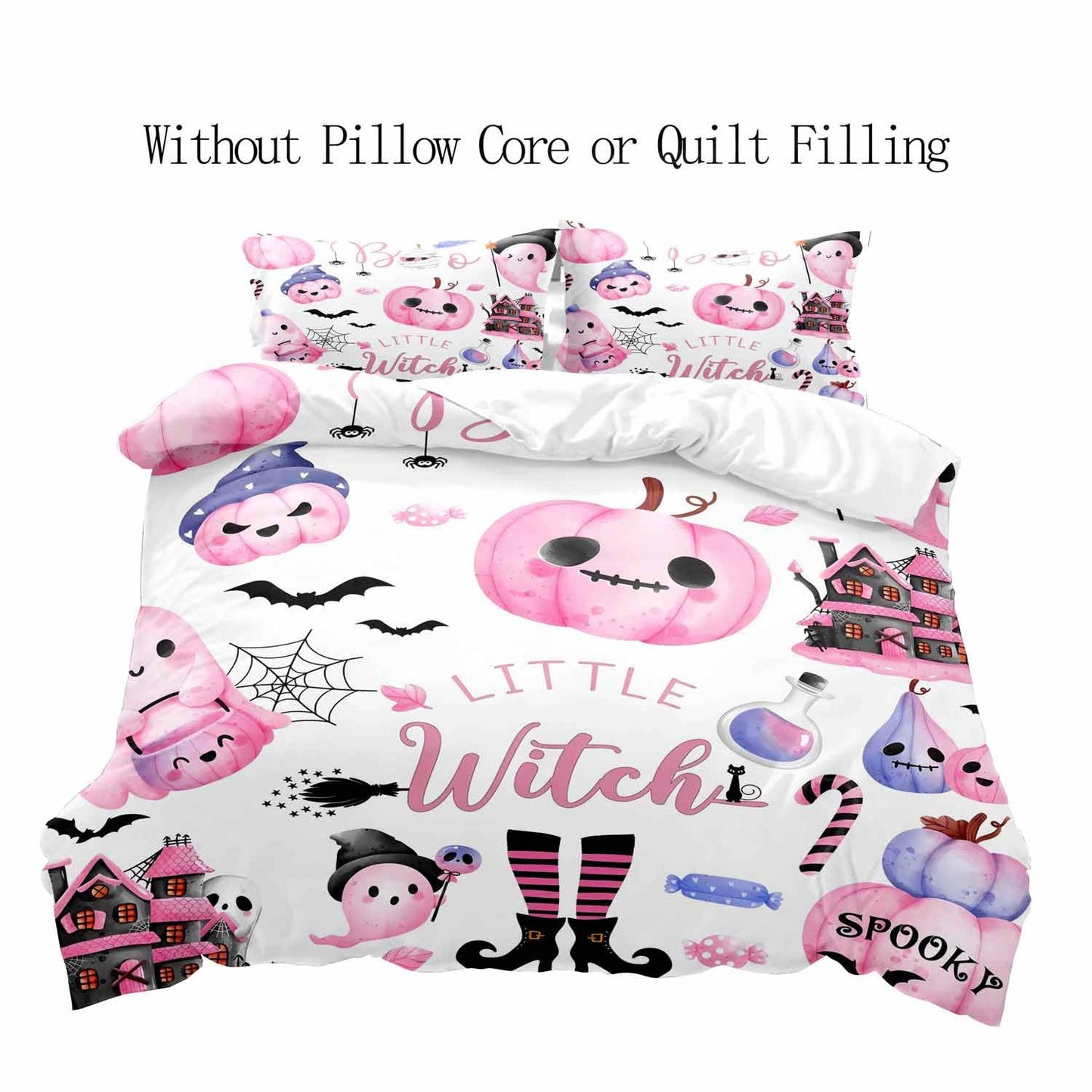LUVIVIHOME 3PCS Pink Cute Ghost Pumpkin Duvet Cover Queen Bedding Sets, Kids Teen Girls Bedding, White Duvet Cover, Bat Spider Web Haunted House Spooky Witchy Halloween Comforter Cover, 2 Pillow Cases