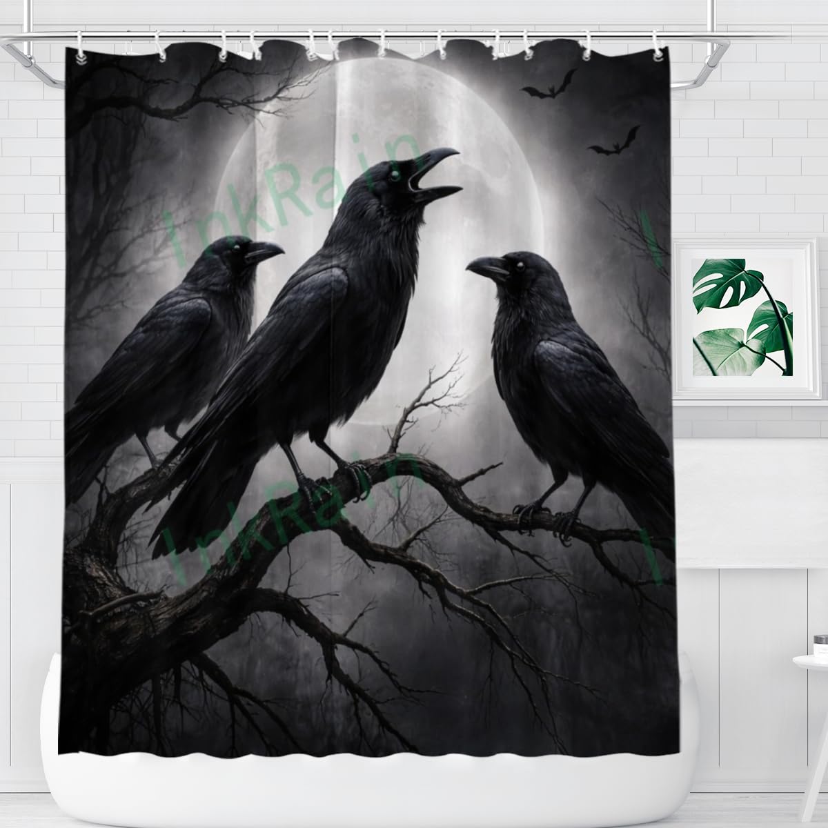 InkRain Gothic Raven Shower Curtain with 12 Hooks Full Moon Crow Halloween Bathroom Decor Dark Fantasy Waterproof Polyester Fabric Bath Curtain 70x84 Inch
