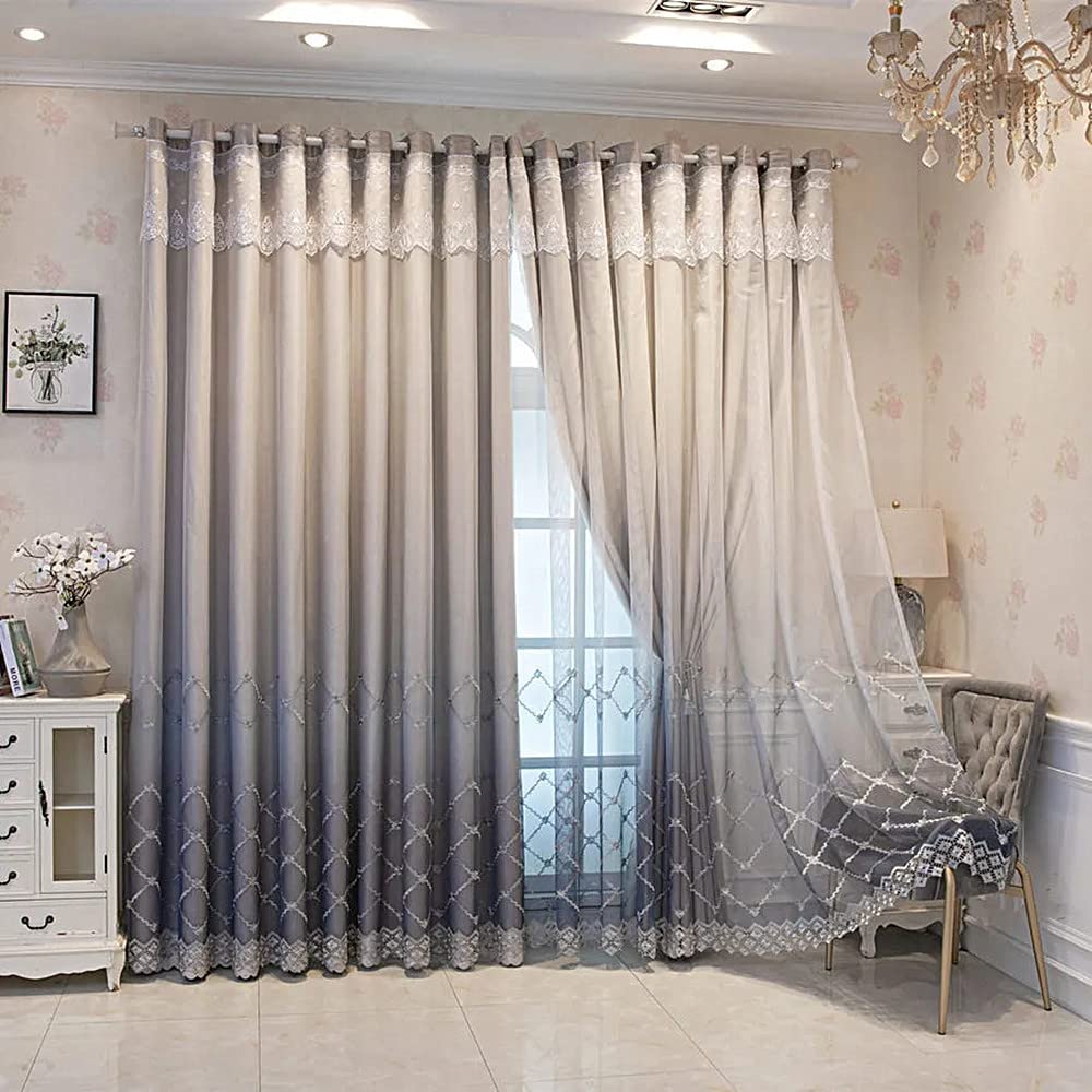 Amidoudou 1 Pair Double Layer Geometric Curtains for Living Room Gradient Diamond Pattern Embroidered Curtains for Bedroom (Grey,54x84 Inch)