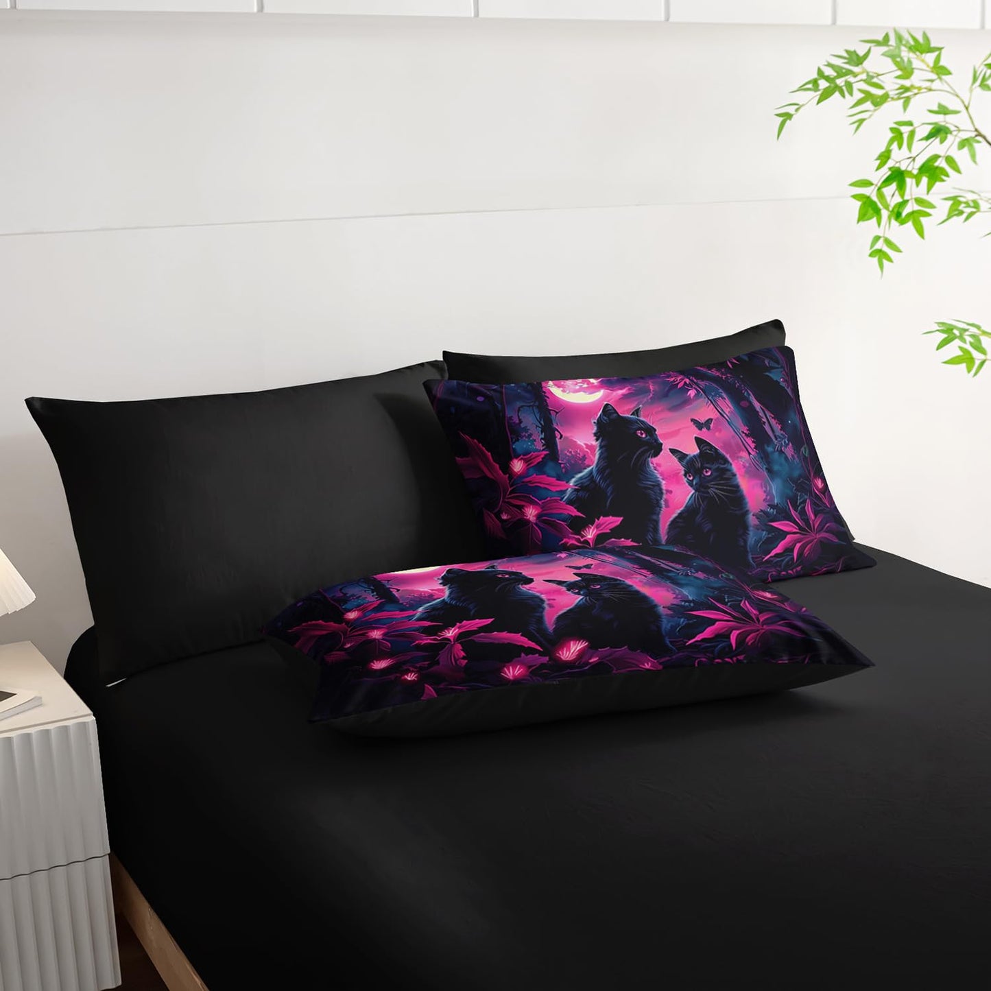 AILONEN 7-Piece Black Cat Comforter Sets Twin Size,Mother Son Kitten Bedding Set Bed in a Bag for Kids,Boho Style Comforter & Fitted Sheet with Flat Sheet & 2 Pillowcases,2 Pillow Shams
