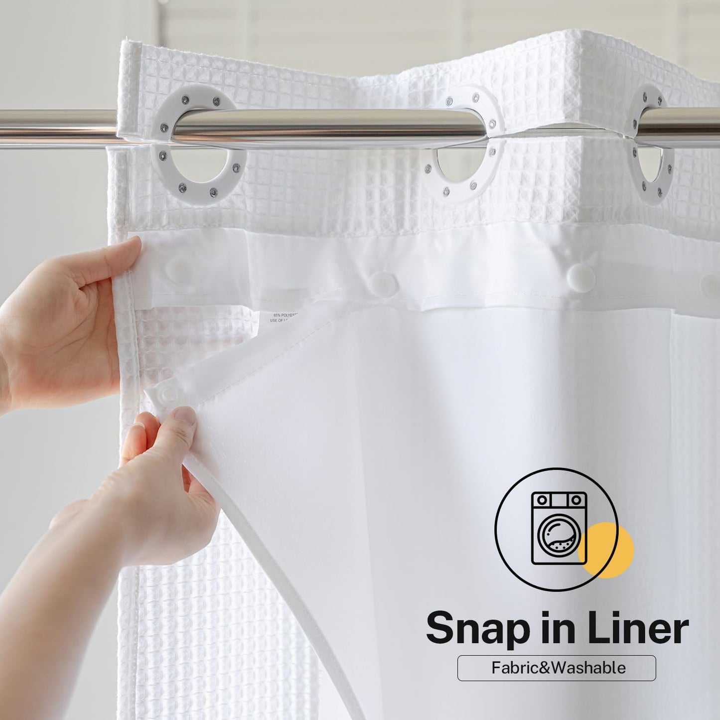 River Dream Waffle No Hooks Shower Curtain with Snap in Liner,Cotton Blend Fabric Shower Curtain for Bathroom,Hotel Quality,White,71 Wx 74 L