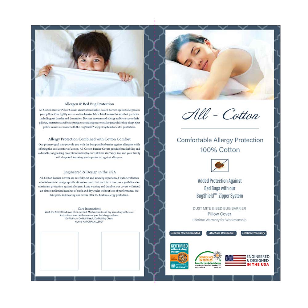 National Allergy Bedding Set Bundle - Queen Size - 100% Cotton Hypoallergenic Pillow Cover (2 Pack) & Mattress Protector / Encasement