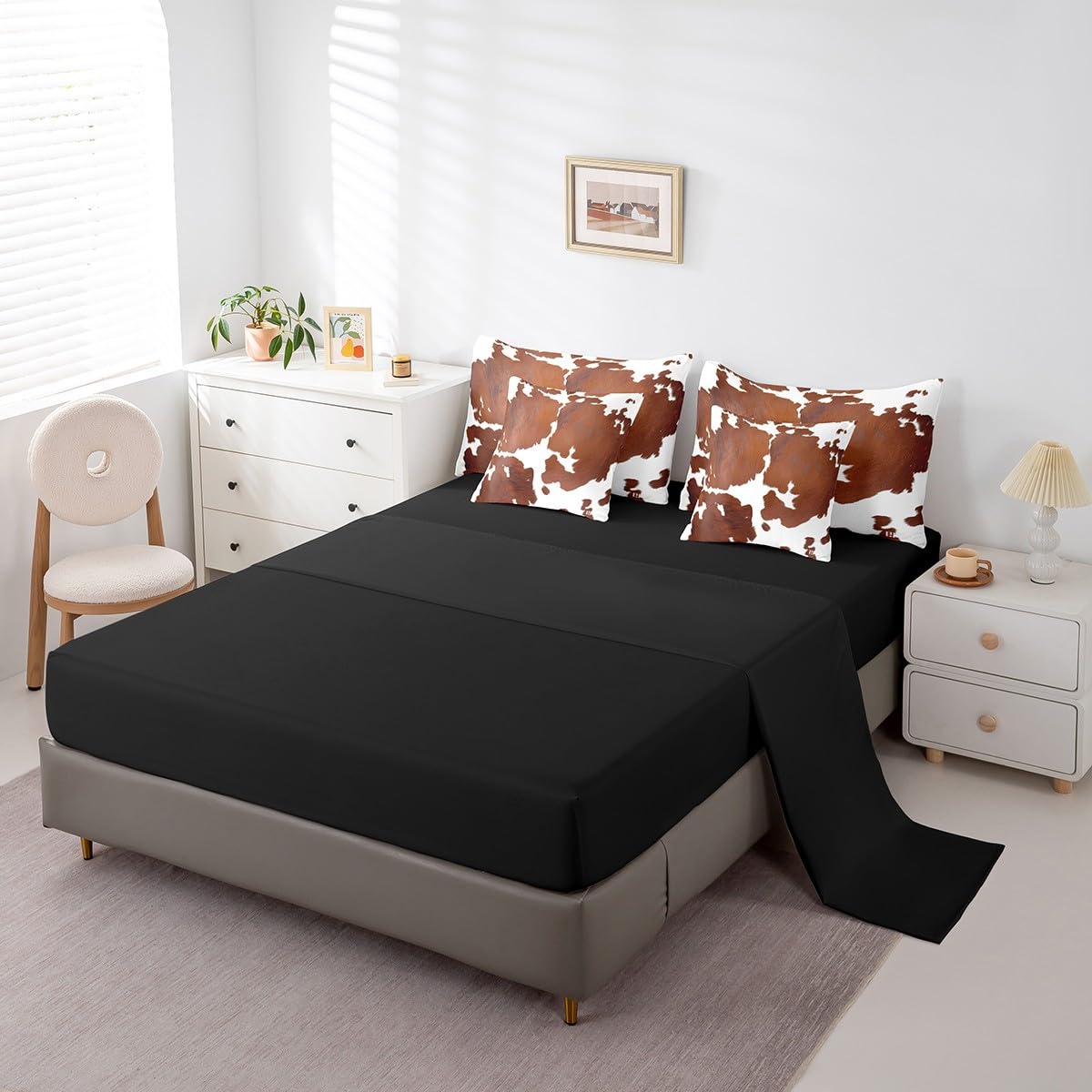Erosebridal Brown Cowhide King Bedding Set 7 Piece for Boys Cute Cow Print Bed in A Bag for Kids Teens Youth Adult Western Animal Hair Comforter Set with Sheetrustic Farmhouse Bed Sets