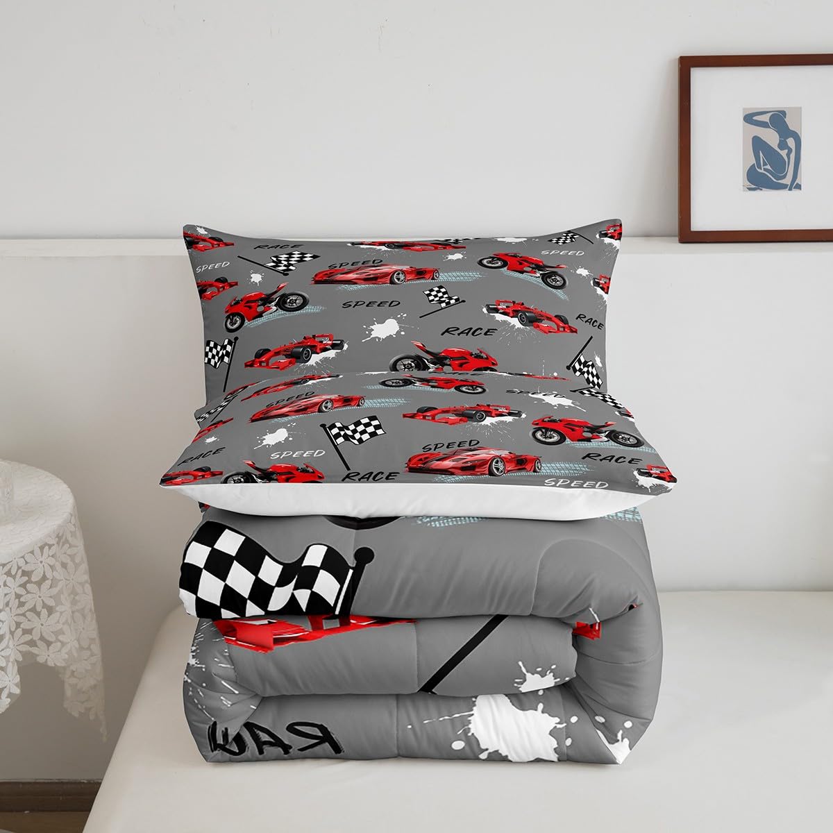 Feelyou Kids Red Grey Race Car Comforter Set Twin Size, Speed Sports Car Comforter Boys Girls Dirt Bike Motocross Bedding Set Racing Car Teens Duvet Set Bedroom Decor with 1 Pillow Case