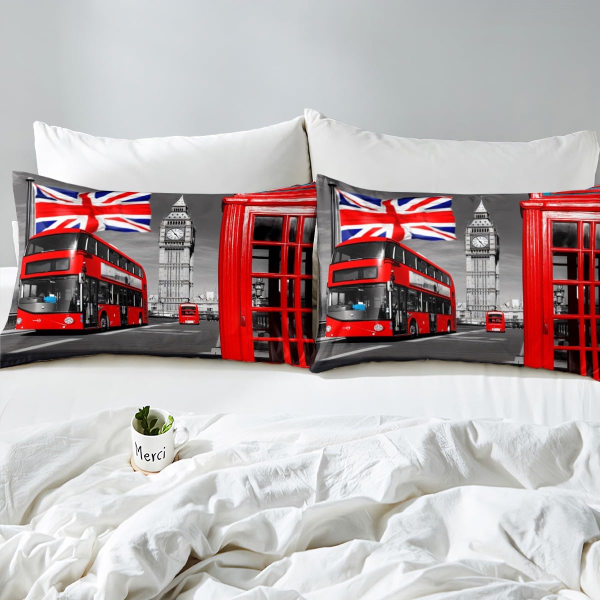 Feelyou London Bedding Set Red Phone Booth Printed Duvet Cover for Kids Adults Romantic Britain Cityscape Comforter Cover Luxury Soft Bedspread Cover Bedroom Collection 3Pcs Queen Size