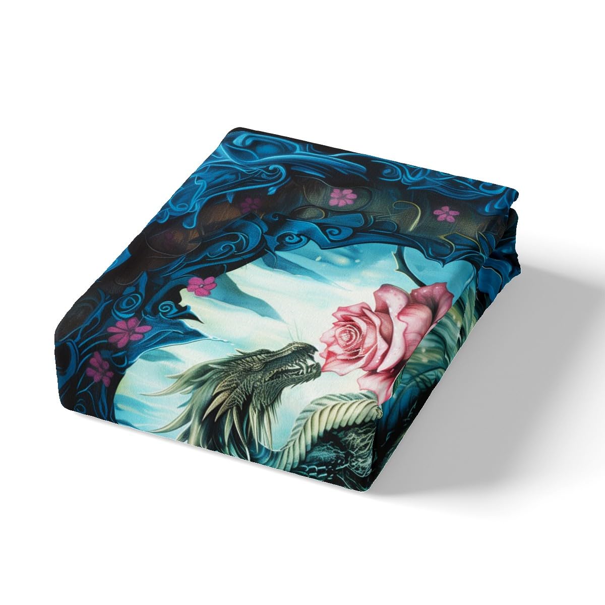 3D Dragon Fitted Sheet Queen Size,Pink Rose Floral Bedding Set 3Pcs for Kids Girls Boys Teens Room Decor,Western Animals Bed Sheets Mysterious Magical Style Blue Deep Pocket Sheet,2 Pillowcases