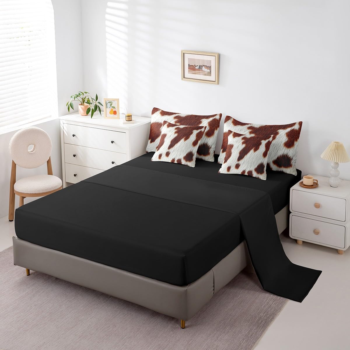 Erosebridal Cowhide Bed in A Bag Twin Size Cute Cow Print Kids Comforter Set 7 Piece Western Animal Skin Bedding Set for Boys Teens Adult Bedroom Decor Wildlife Cowboy Farmhouse Sheets