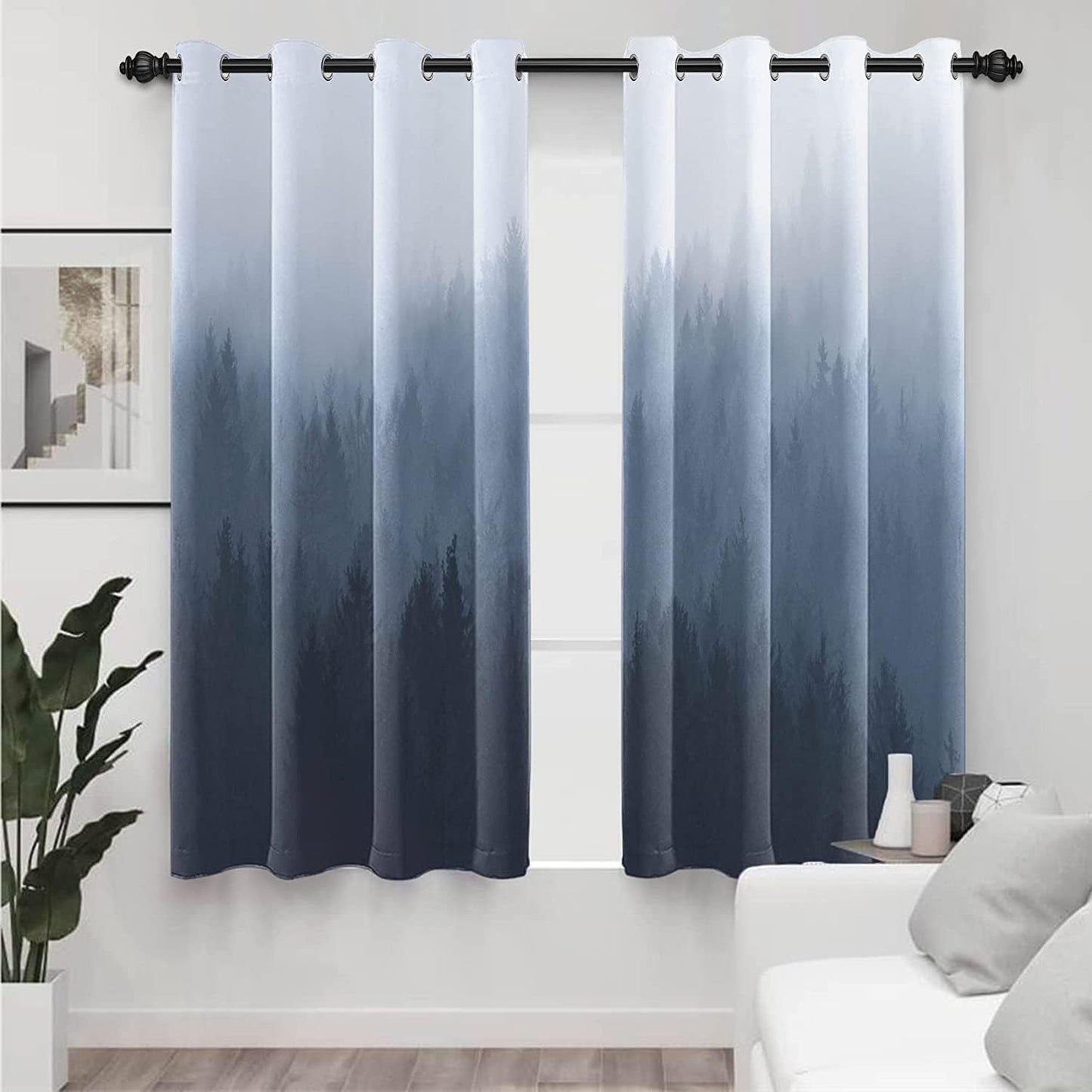 AWERT Blackout Curtains for Bedroom Navy Blue Ombre Forest Window Drapes 2 Panels for Living Room Heat Blocking 21x63inch