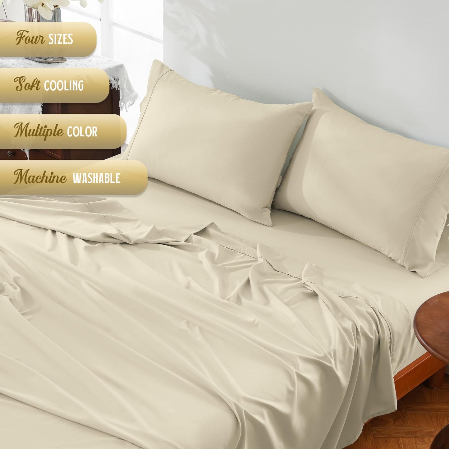 ChicView Full Sheet Set,4 Pieces Hotel Luxury Breathable Soft Microfiber Bedsheets, Anti Pilling Deep Pockets Easy Care Bed Sheets, Milk Beige