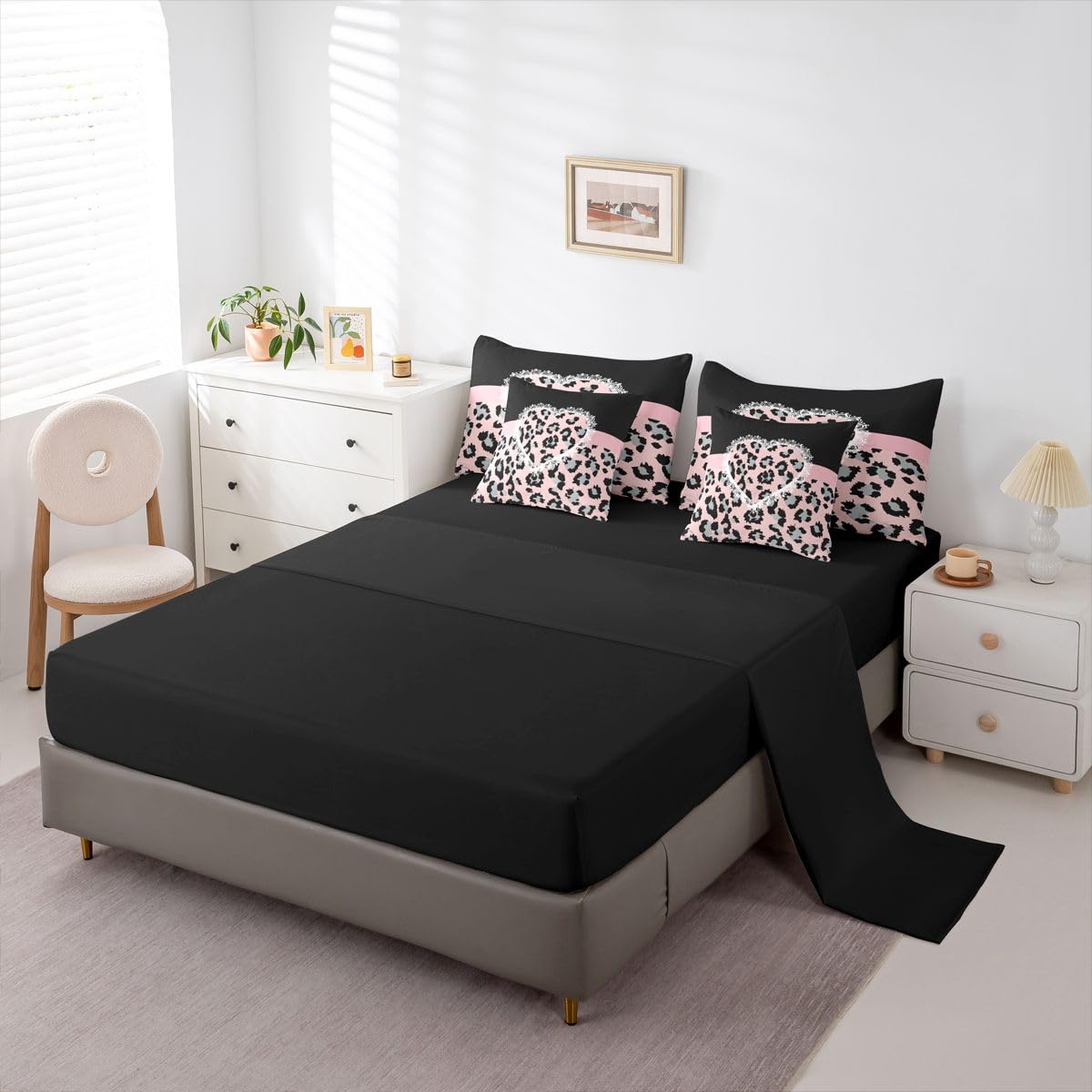 Feelyou Cute Leopard 7 Piece Bedding Set Lace Love Heart Comforter Set with Sheets for Kids Boys Girls Black Pink Bed in a Bag Sweet Romantic Bed Set Soft Lightweight