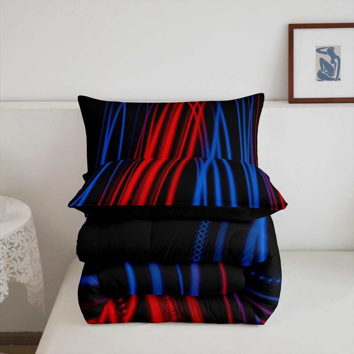 Feelyou Red Blue Stripes Comforter Full Size Ombre Red Blue Black Reversible Comforter Set for Boys Girls Children Abstract Bedding Set Room Decor Modern Art Duvet Set 3Pcs