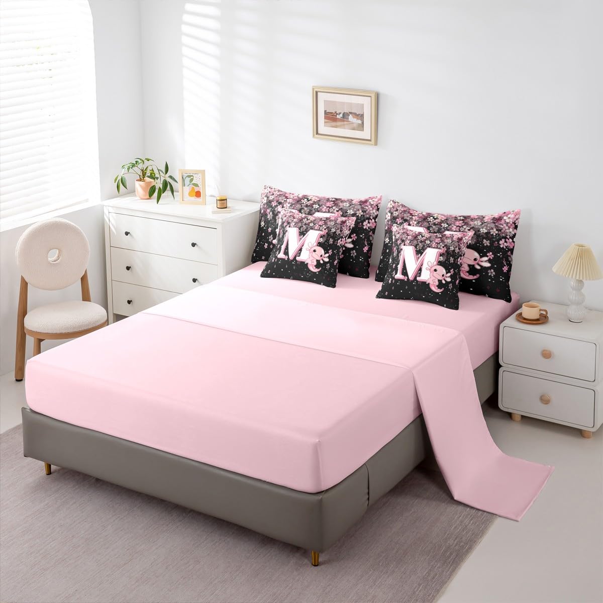 Erosebridal Twin Size Pink Black Alphabet M Bed in A Bag with Cute Axolotl Design - Japanese Cherry Blossom 7 Pieces Bedding Set Cute Axolotl Comforter Set with Sheets Initial Letter Gift for Her