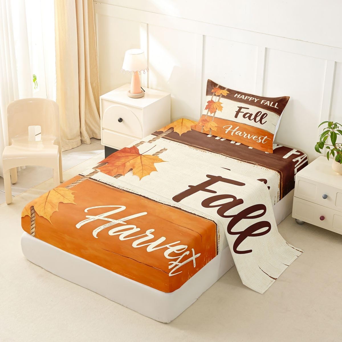Erosebridal Happy Fall Bed Sheets Twin Size Rope Hanging Maple Leaf Sheet Set Kids Adults Rustic Plank Texture Bedding Set Modern Farmhouse Art Sheets