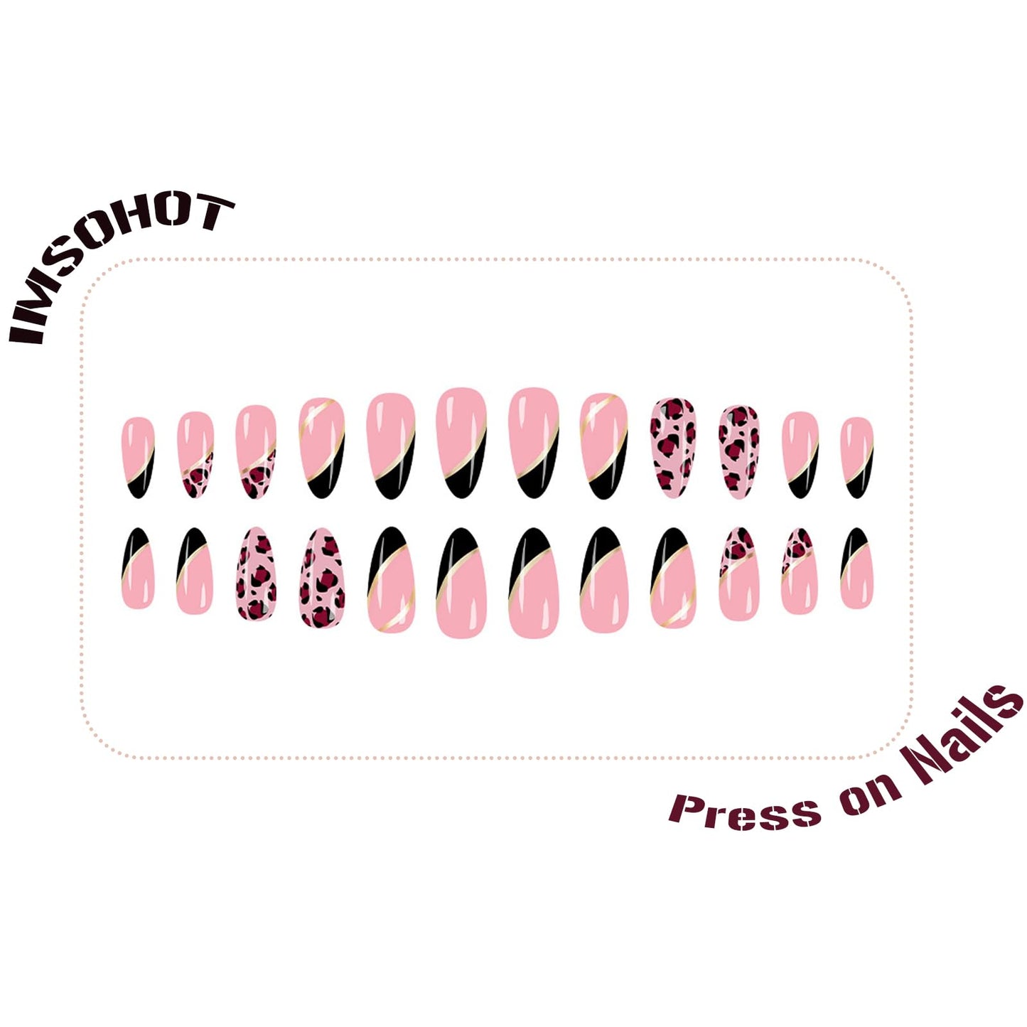 IMSOHOT Press on Nails Almond Medium, Brown Leopard Print Fake Nails Set, Glossy Full Cover Acrylic Glue on False Nails for Women 24Pcs Fall French Manicure