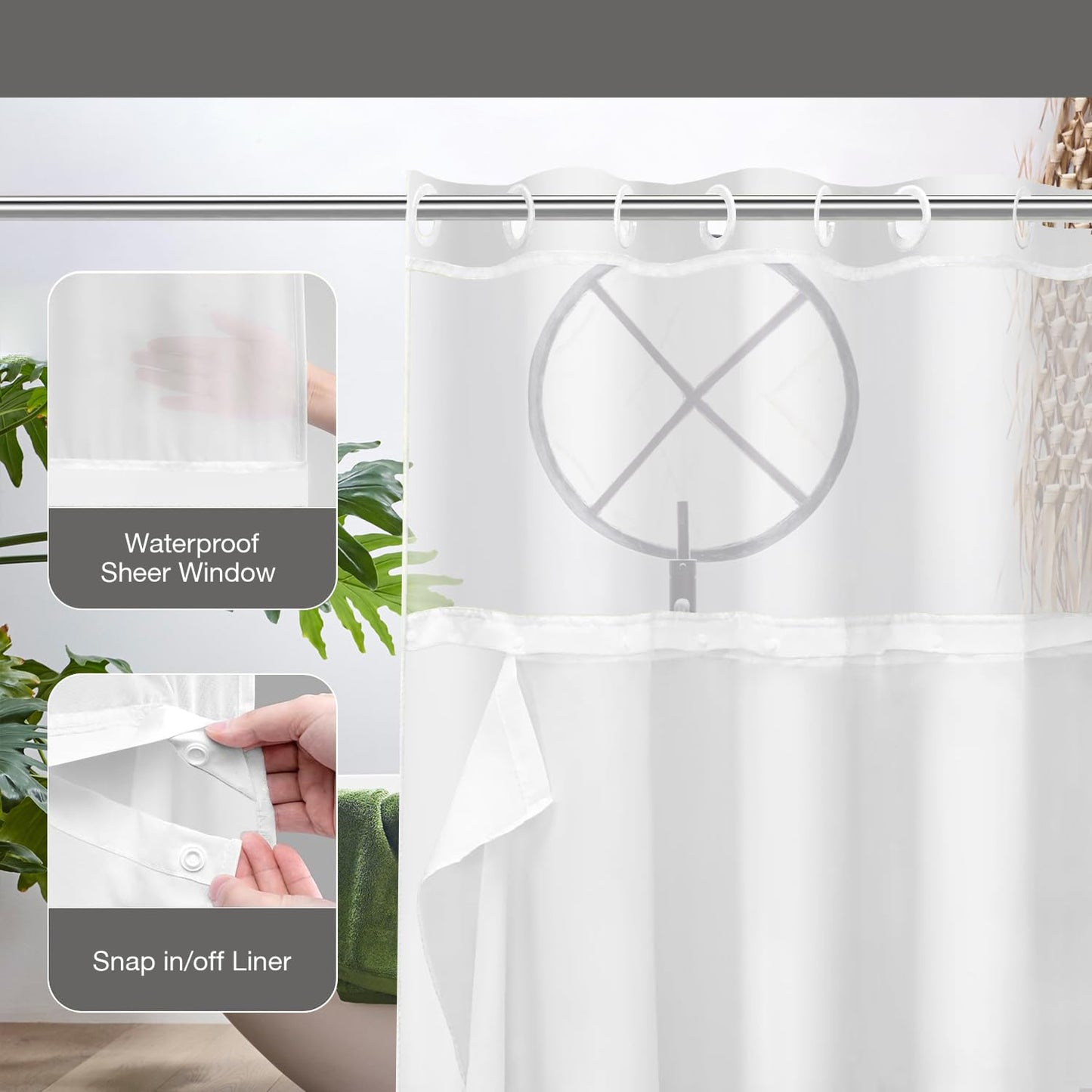 DASHAN No Hook Shower Curtain with Snap in Liner, Green Leaf Shower Curtains for Bathroom, Botanical Bath Curtain Sage Green Plant Fabric Bathroom Curtains 71"x74"