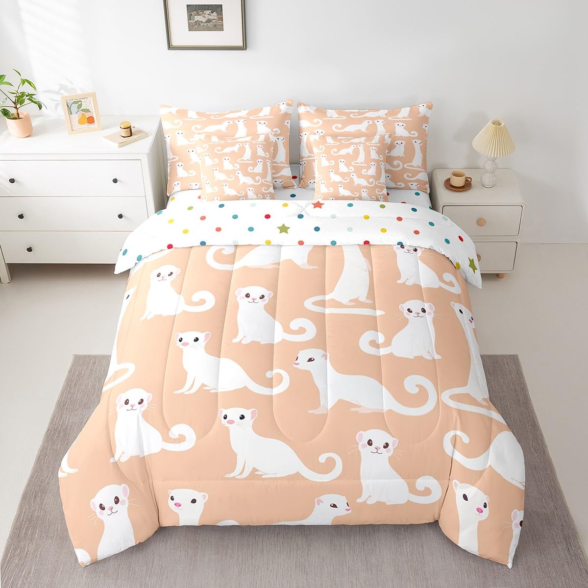 White Ferret 7 Piece Comforter Set Full Bed in a Bag,Kawaii Bedding Sets Cute Wild Animals Comforter and Sheet Set,Cartoon Wildlife Pet Minks Weasel Animal Room Decor