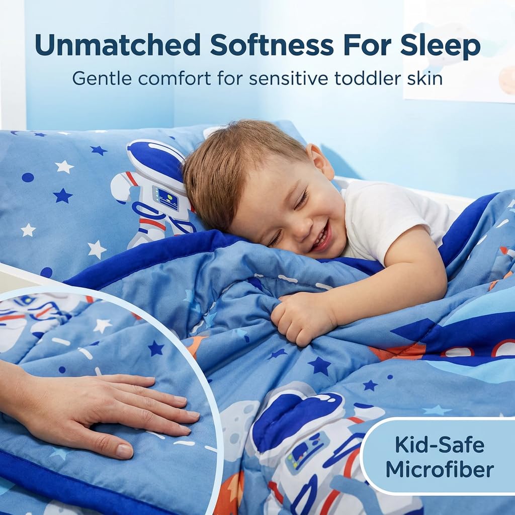EVERYDAY KIDS 4 Piece Toddler Bedding Set - Outer Space Adventures - Includes Comforter, Flat Sheet, Fitted Sheet and Reversible Pillowcase