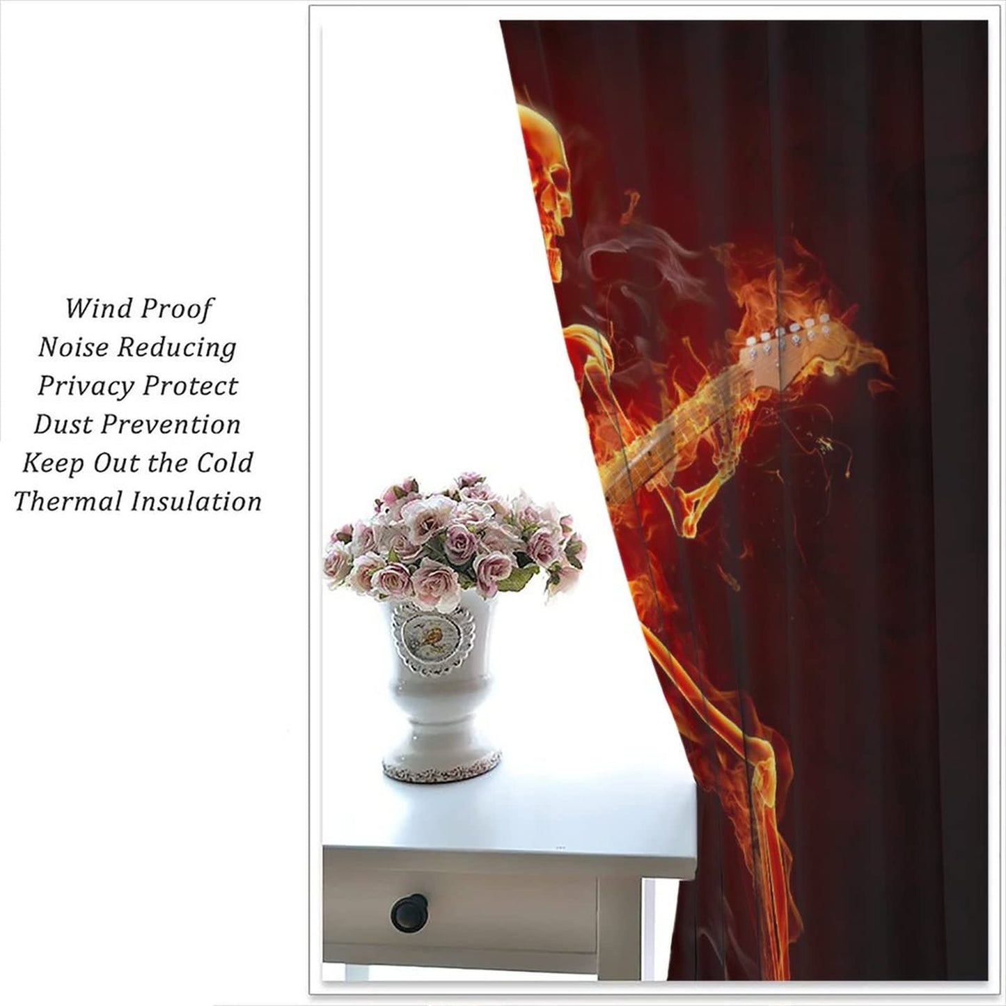 Guitars Music Curtain,Punk Rocker Cool Guitars Music Fiery Series Window Rod Pocket Curtains for Bedroom Living Room Home Decor W42xL45in