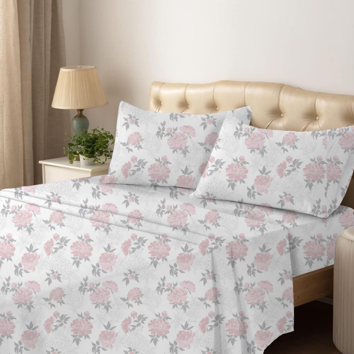 Queen Sheet Set - 4 Piece Bedding - Brushed Microfiber Soft Sheets for Queen Size Bed with Flat,Fitted Sheet,2 Pillow Cases (Blush Petals)