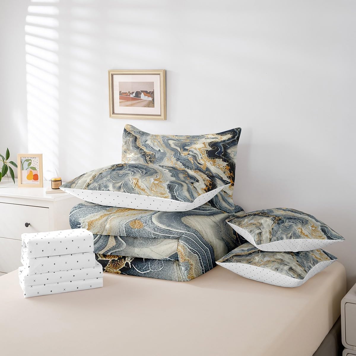 Erosebridal Marble 7 Pcs Comforter Set Queen Size Ink Fluid Bedding Modern Marbling Art Bed in A Bag for Kids Adults Luxury Stone Liquid Blue Gold Abstract Bed Set