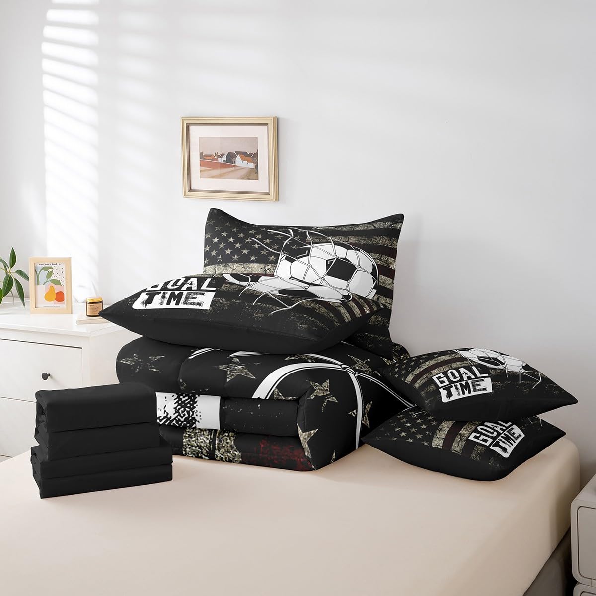 Erosebridal Football Twin Bedding Set 7-Piece American Flag Bed in A Bag with Sheets for Kids Boys Teens Soccer Sports Games Comforter Set United States Stripes Bedding Comforter Sets