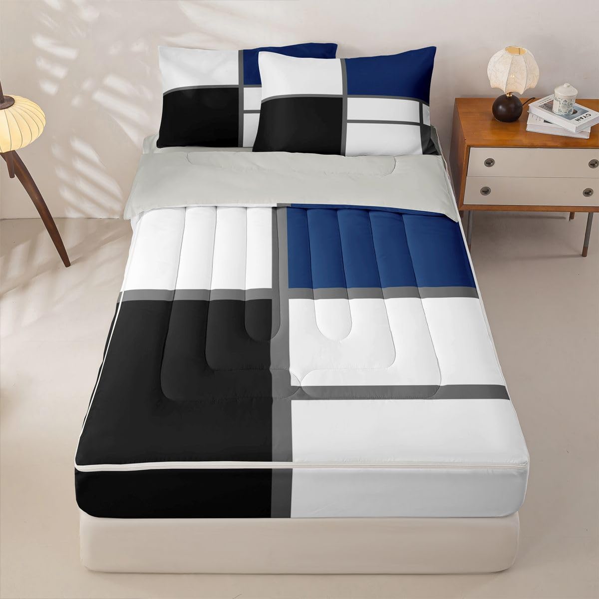 Erosebridal Geometric Abstract Zipper Bedding Set Twin Blue and White Striped Zipper Comforter Set with Sheets Square Grid Bed in a Bag Modern Art Patchwork Bed Sets with 2 Pillowcases