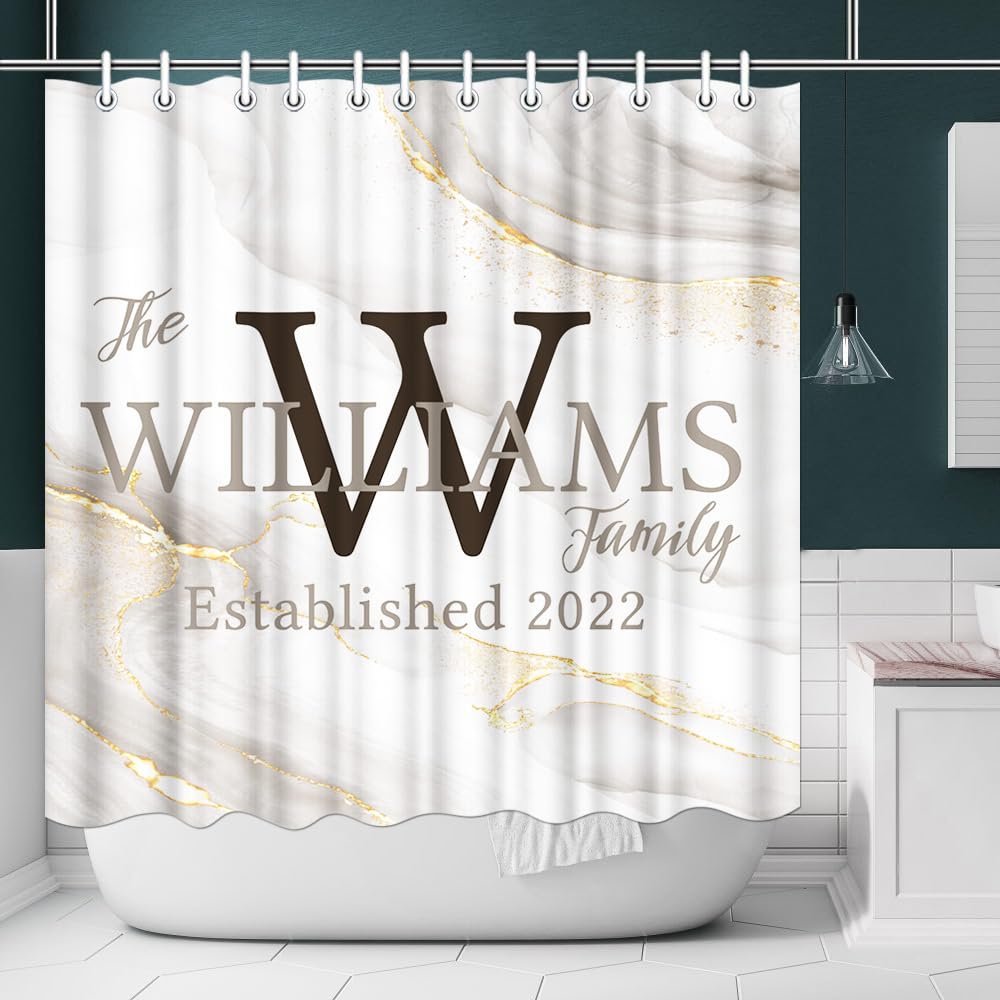 iLOOKLiKE Abstract Marble Shower Curtain Personalized Family Last Name Custom Monogram Grey Jade Texture Gold Stripes Bathroom Curtain Set Modern Durable Fabric Polyester 72x72inch with Hooks