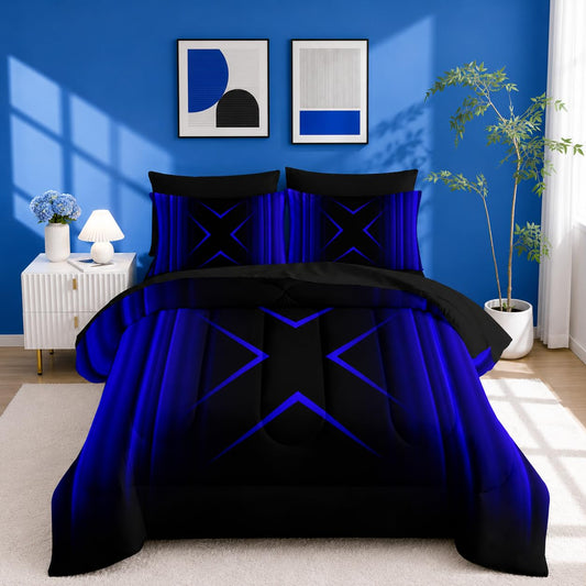 Nttopship Blue and Black Geometric Comforter Set King Size 7Pieces,3D Abstract Mordern Printed Bedding Set for Adults,Geometric Mordern Decor All Seasons with Pillowcases,Flat, Fitted Sheet