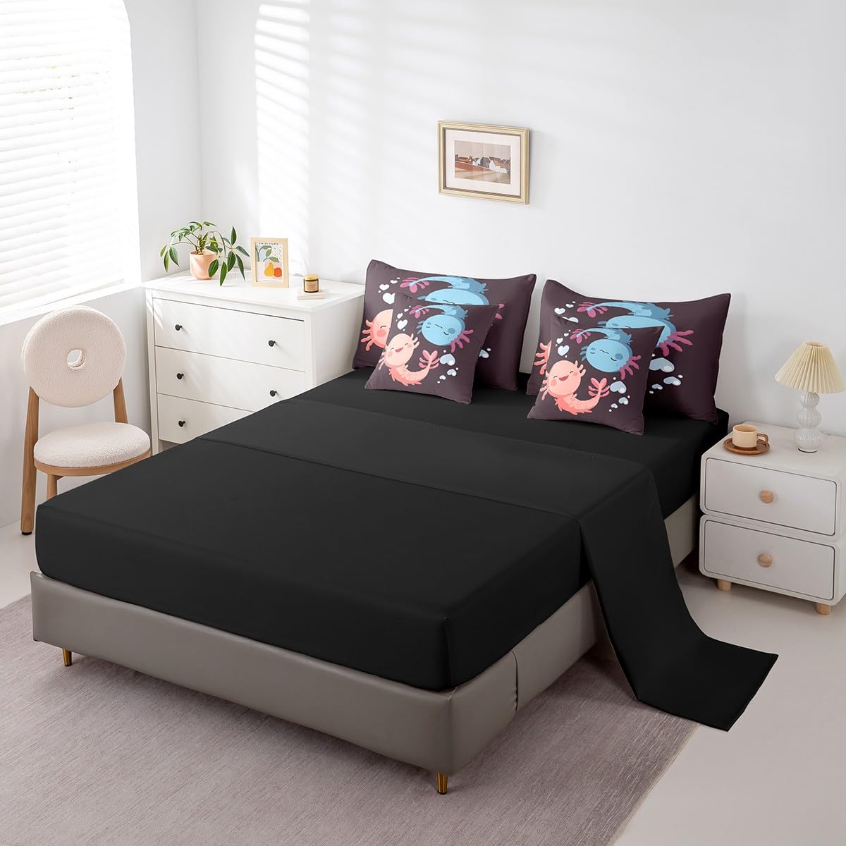 Erosebridal Kawaii Comforter Set 7 Piece Bed in a Bag Twin,Cute Cartoon Axolotl Bedding Sets Sealife Wildlife Reptile Comforter and Sheet Set,Lovely Nautical Sea Animal Pet Bed Set