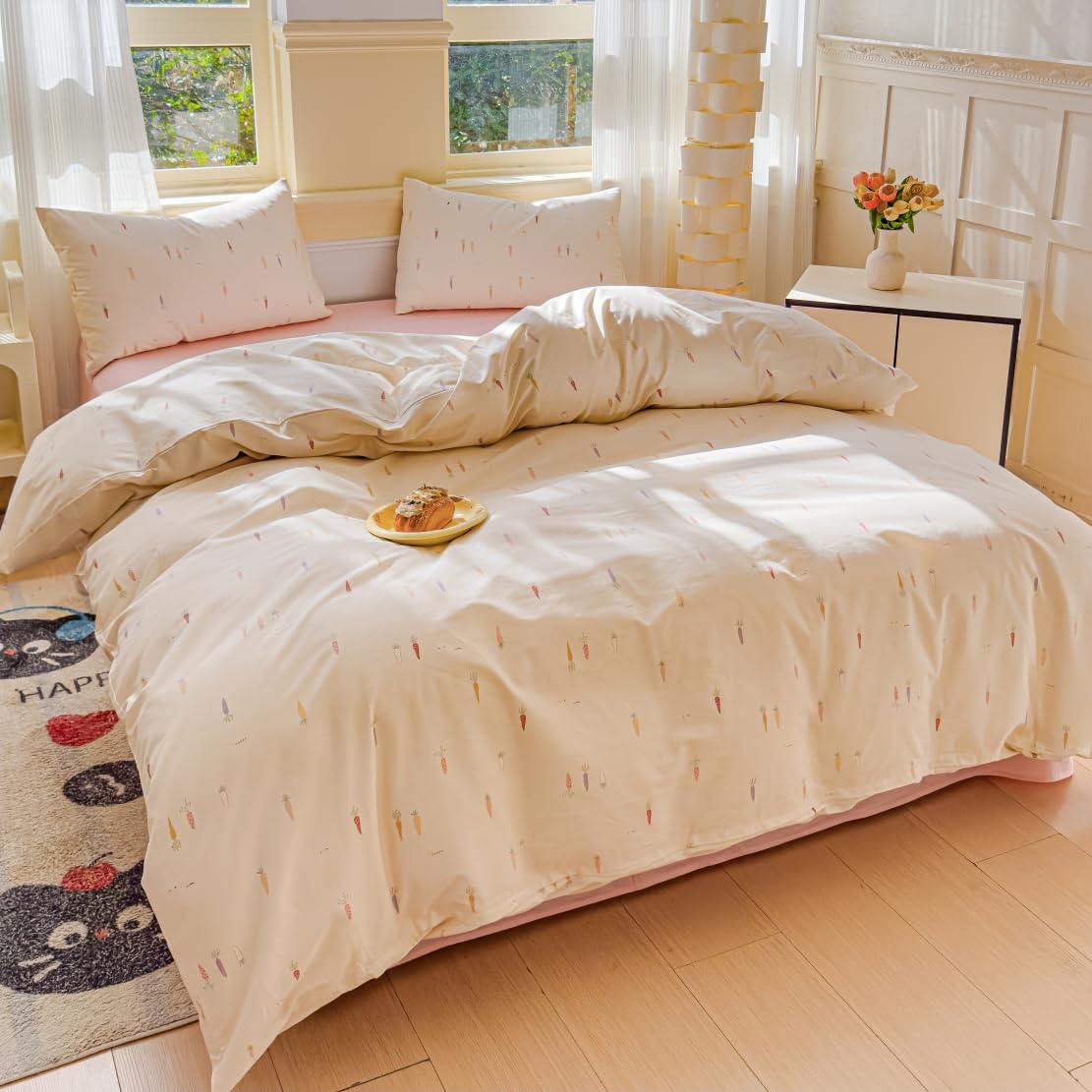 LIWHENHAO Duvet Cover Set Queen 100% Cotton Bedding Cartoon Cute Colorful Carrot Print on Cream White 1 Farmhouse Style Beige Comforter Cover Full 2 Pillowcases for Kids Girls Boys Woman