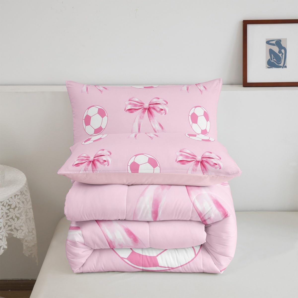 Football Pink Comforter Sets Full Size,Girly Soccer Bow Bedding Sets,Cute Bowknot Princess Style Quilted Duvet for Kids Teens Girls Woman Room Decor,Sport Lover Duvet Insert,2 Pillowcases