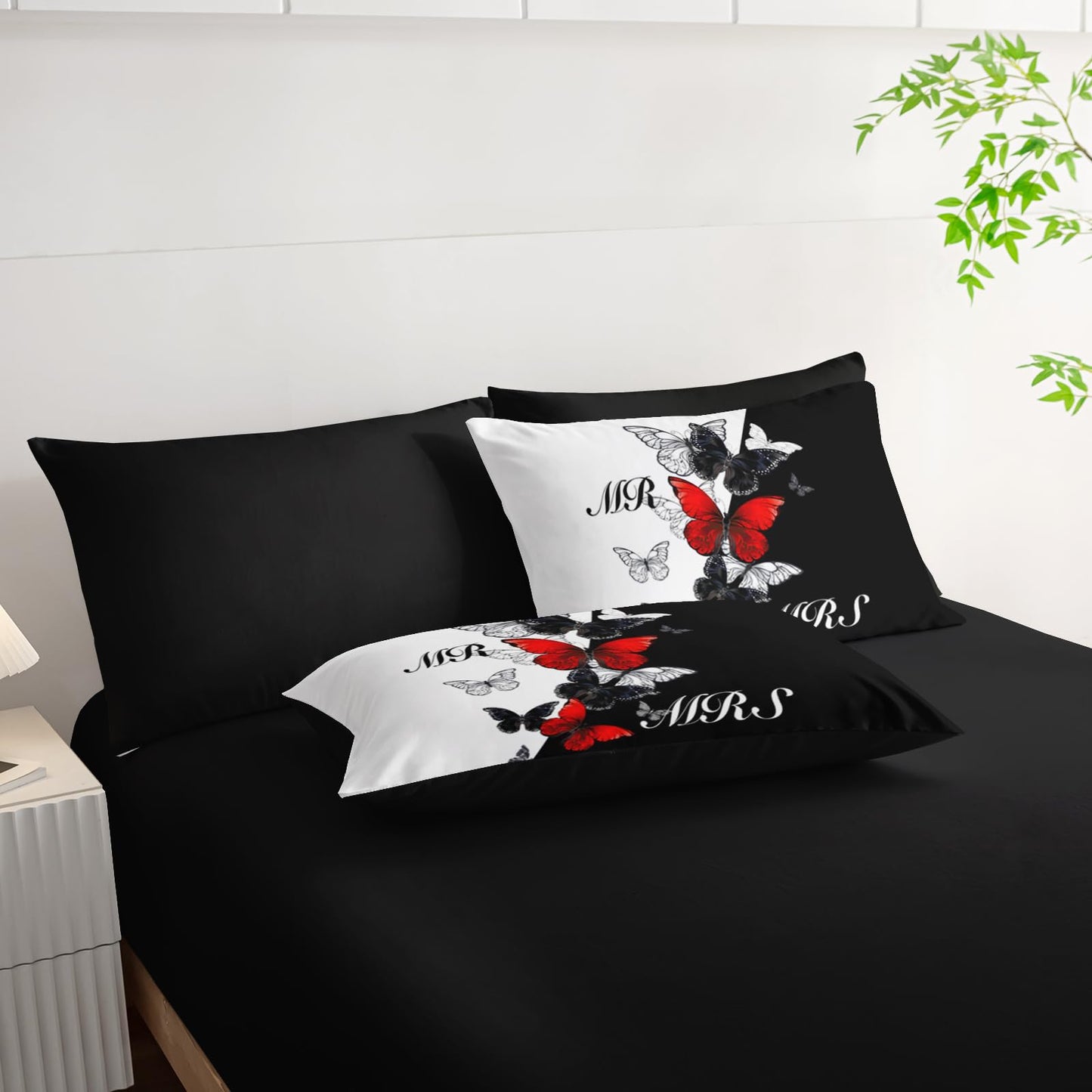 AILONEN Mr Mrs Black and White Comforter Set Queen - 7Pcs Soft Bed in a Bag -Red Black Butterfly Comforter,Fitted Sheet,Flat Sheet,2 Pillowcases,2 Pillow Shams for Room
