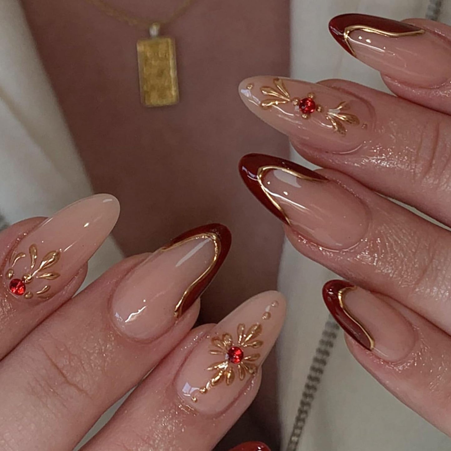24Pcs Almond Press on Nails Medium Gold Red French Tip Fake Nails 3D Gold Line Rhinestones Designs 3D Acrylic Artificial Nail Reusable Stick on Nails for Women Manicure Decoration