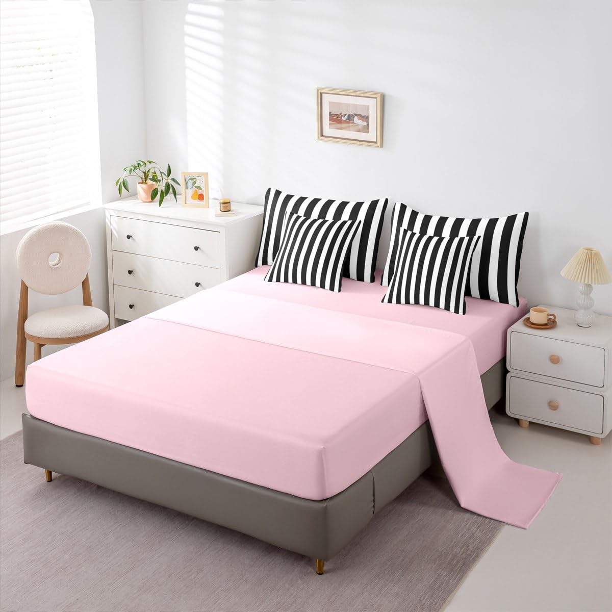 Erosebridal Black and White Striped King 7-Piece Bedding Set | Striped Comforter Set with Sheets Pink and Black Bed in a Bag for Kids Teens Adults Cute Pinstripe Girls Bedding Sets & Collections