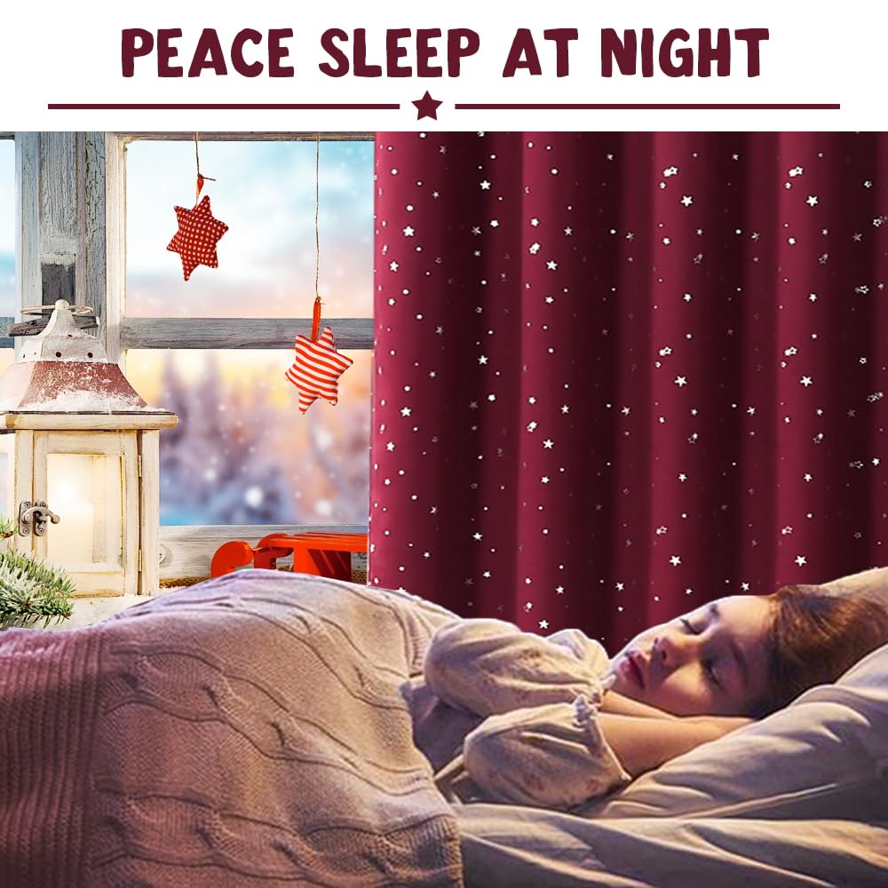 PrinceDeco Blackout Kids Curtains for Bedroom Thermal Insulated Silver Twinkle Star Curtains for Girls Antique Grommet Top Window Treatment 2 Panels Drapes for Nursery (52" W x 84" L, Burgundy/Silver)